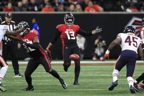 Atlanta Falcons Punter Bradley Pinion kicks a punt during an NFL