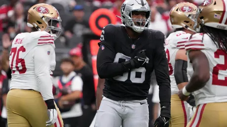 Las Vegas Raiders defensive end Isaac Rochelle (96) takes the