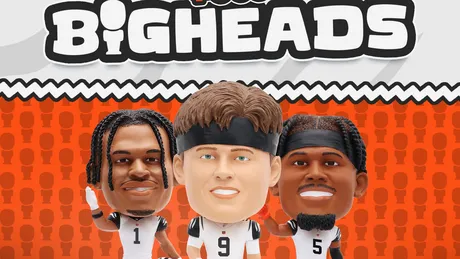 FOCO has White Bengal Bighead bobbleheads of Burrow, Chase, Higgins