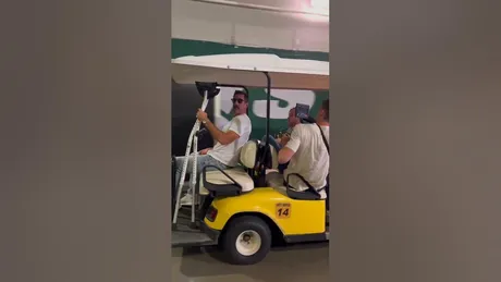 Aaron Rodgers At MetLife Stadium Riding Golf Cart Ahead Of 'SNF'