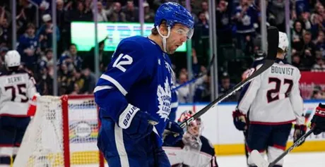 Ilya Samsonov snaps during Maple Leafs practice on Saturday
